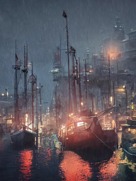 Image similar to photo of 8k ultra realistic harbour, port, boats, heavy rain, , night, full of colour, cinematic lighting, battered, trending on artstation, 4k, hyperrealistic, focused, extreme details,unreal engine 5, cinematic, masterpiece, art by studio ghibli