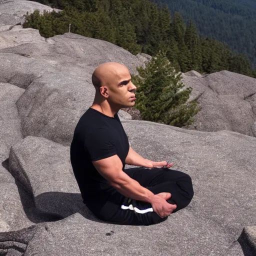 Prompt: tyler1 meditating on a mountain