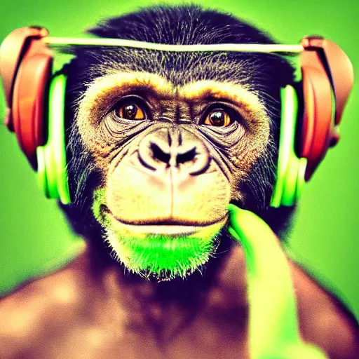 Image similar to a high quality photo of a green chimp wearing headphones, realism, 8k