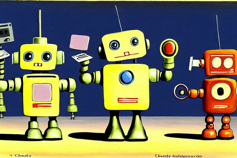 Image similar to a cute little robots painting by charles addams