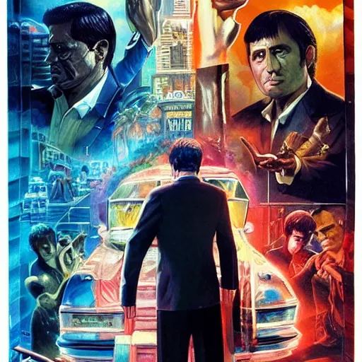 Image similar to scenes from the movie scarface as movie poster art, 8 k, coherent, intricate, elegant, volumetric lighting, sharp focus on scenery, digital painting, highly detailed, sharp focus, illustration by j scott campbell ron cheng, ngai victo