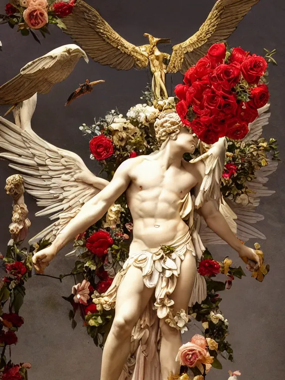 Prompt: a icarus with wings in the form of a Greek sculpture and wreath of flowers, roses in hands, dressed in a flower dress, stands in the pose of a super hero on a golden stone, silk, fabric, birds, flowers. red plastic. baroque elements, human skull. full-length view. baroque element. intricate artwork by caravaggio. many many birds birds on background. Trending on artstation. halo. octane render, cinematic, hyper realism, octane render, 8k, depth of field, bokeh. iridescent accents. vibrant. teal and gold and red colour scheme