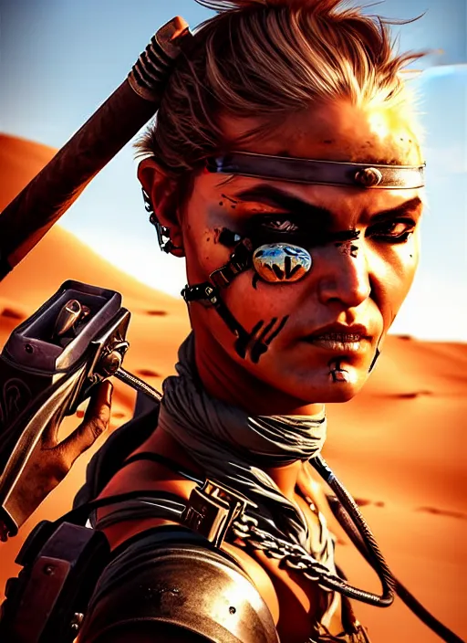 Image similar to mad max style warrior woman in desert _ unreal _ 5 _ daz. _ rpg _ portrait _ extremely _ detailed _ artgerm _ greg _ rutkowski _ greg