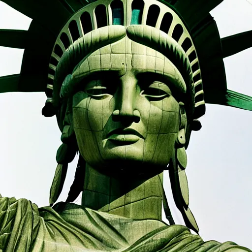 Image similar to kodachrome photo of the statue of liberty as a native indian with headdress, coper cladding