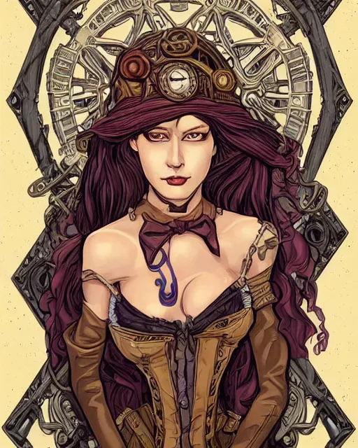 Prompt: a detailed portrait illustration of a steampunk rogue - mage. beautiful transgender face. art nouveau, pop art, comic book style. influenced by neil gaiman, h. p. lovecraft, dan mumford, brian froud, vadim voitekhovitch, killian eng, ross tran.