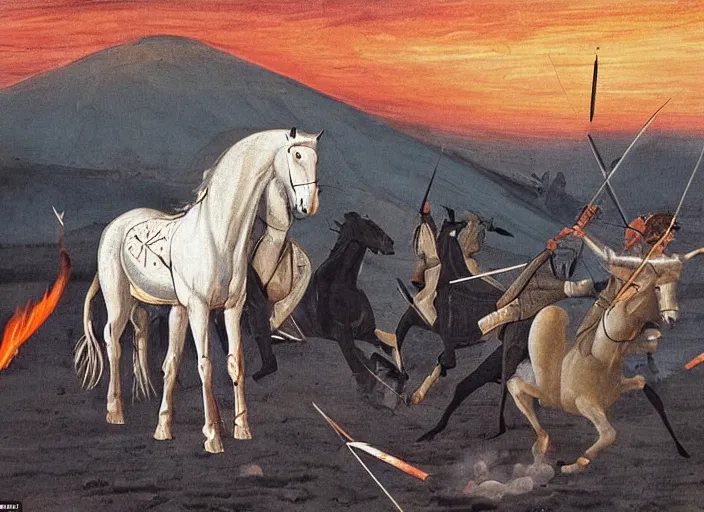 Image similar to white horse wounded heavily by multiple arrows in the aftermath of a battle in the middle of a desert and in the background there are burning tents and women covered in black veil and the sky is dark and filled with red clouds and a sun in the horizon, artistic, intricate details, islamic history, dramatic
