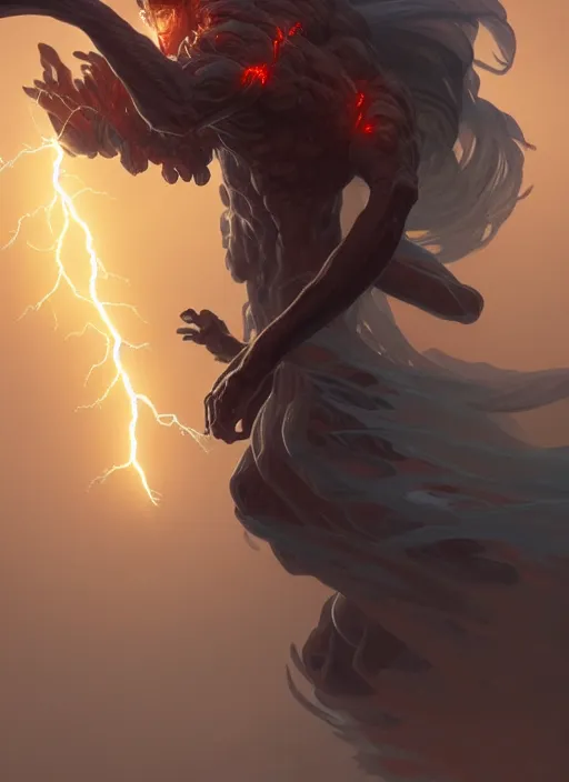 Image similar to an monstrous air elemental throwing a lightning bolt, intricate, brutal, highly detailed, digital painting, artstation, concept art, smooth, sharp focus, illustration, art by artgerm and greg rutkowski and alphonse mucha, 8 k