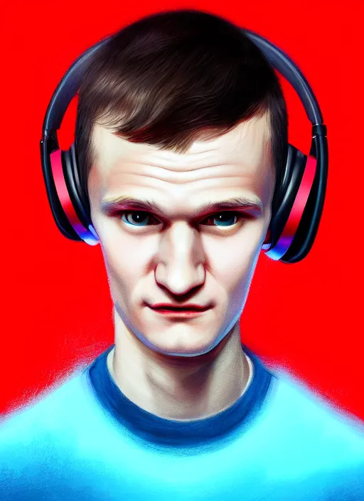 Image similar to portrait of vitalik buterin with hazel eyes, hazel colored eyes, red shirt, headphones, intricate, elegant, glowing lights, highly detailed, digital painting, artstation, concept art, smooth, sharp focus, illustration, art by wlop, mars ravelo and greg rutkowski