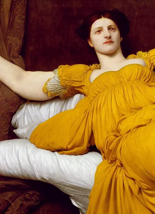 Image similar to masterpiece portrait of lady reclining on bed wearing yellow ochre ornate medieval dress, vertical, foreshortening, colour photography by frederic leighton, william morris, 8 k