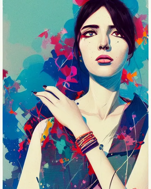 Prompt: an ultradetailed beautiful painting of a stylish woman with colorful bands, concert poster, retro, conrad roset, greg rutkowski, makoto shinkai