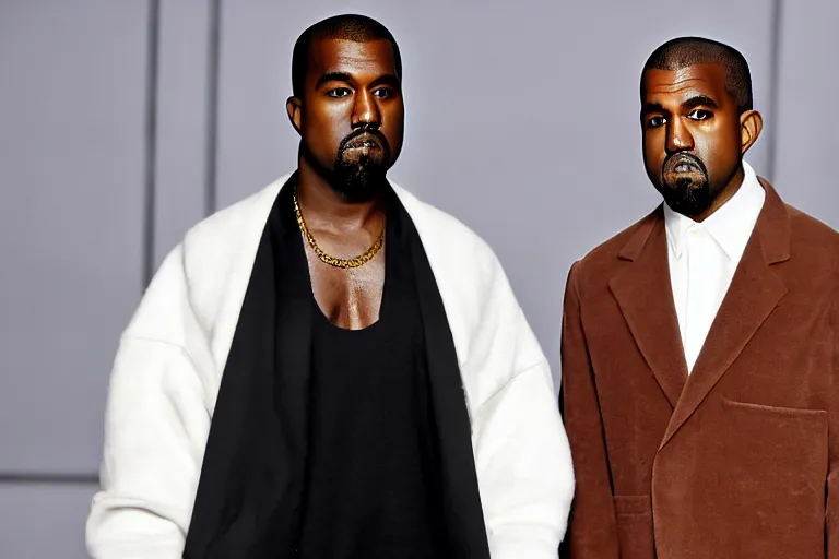 Image similar to kanye west wearing a suit made of steak, runway photo