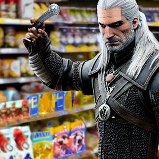 Image similar to geralt the witcher, in supermarket, hyper realistic