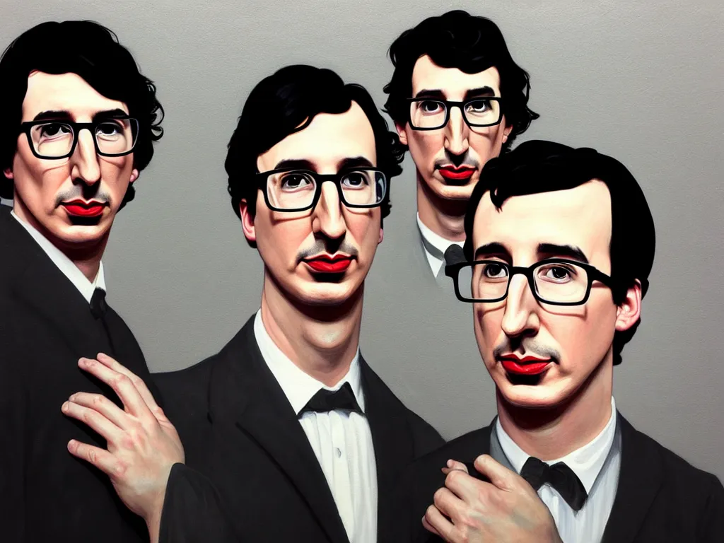 Image similar to photo booth, painting of both john oliver and adam driver together, john oliver in front, full body, elegant, beautiful, highly detailed, centered, dark, smokey, digital painting, concept art, smooth, sharp focus, illustration, deviant art, art by artgerm, art by greg rutkowski, art by alphonse mucha