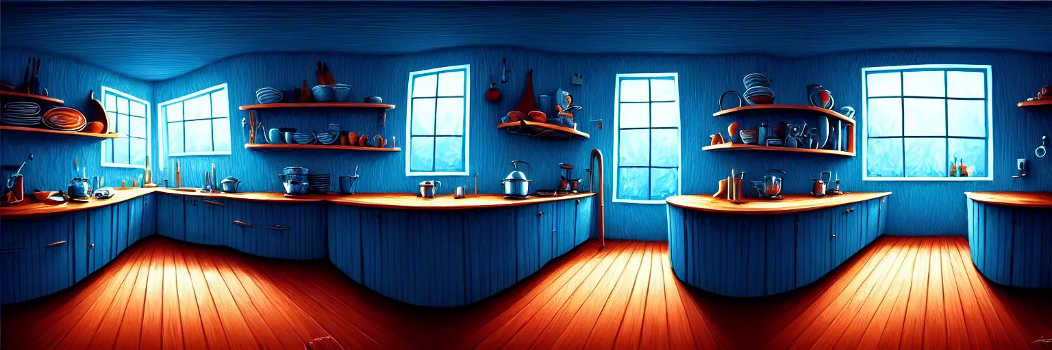Image similar to fisheye spiral lines, naive, extra narrow, detailed illustration of a kitchen, large floor, dimly lit by rhads from lorax movie, trending artstation, wood texture dark blue tones