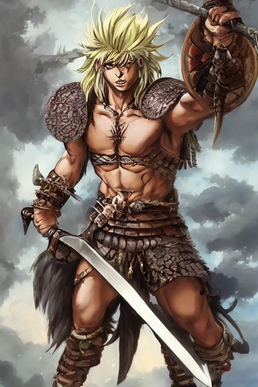 Image similar to A realistic anime portrait of a young handsome male barbarian with long wild hair, intricate fantasy spear, plated armor, vivid colors, colored, D&D, dungeons and dragons, tabletop role playing game, rpg, jrpg, digital painting, by Frank Frazetta and Yusuke Murata, concept art, highly detailed, promotional art, HD, digtial painting, trending on ArtStation, golden ratio, rule of thirds, SFW version