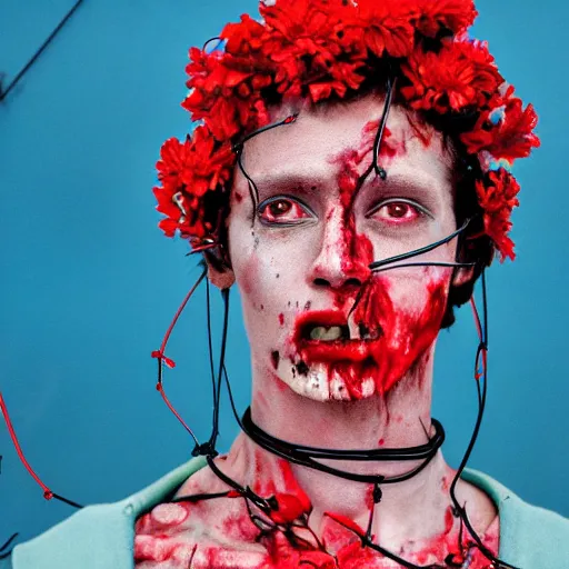 Image similar to medium shot portrait, Kodachrome, cyberpunk 115 y.o model zombie with nose Nath, wrapped in wires and red flowers, clear blue sky vintage style, looking straight ahead, in the style of Kubrik, photography by Barry Lyndon