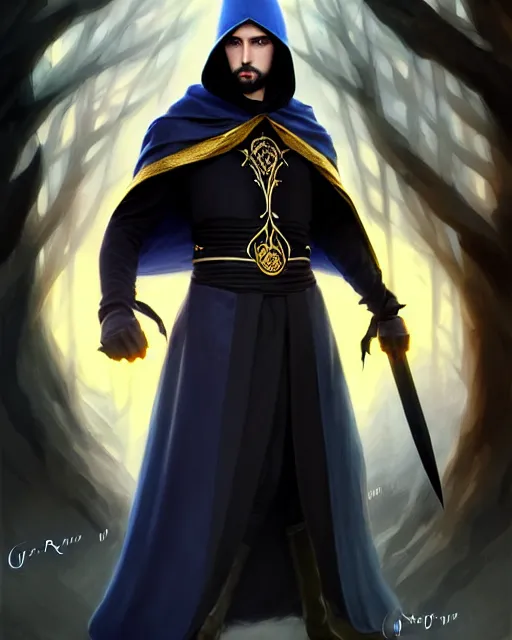 Prompt: handsome male mage fighting, long black hair blue eyes wearing cloth mantle gothic navy cloak with gold details, tree town, fantasy character portrait, ultrarealistic, intricate details, elegant, cinematic lighting, highly detailed, artstation, cgsociety, sharp focus, beautiful digital painting by artgerm, wlop, greg rutkowski