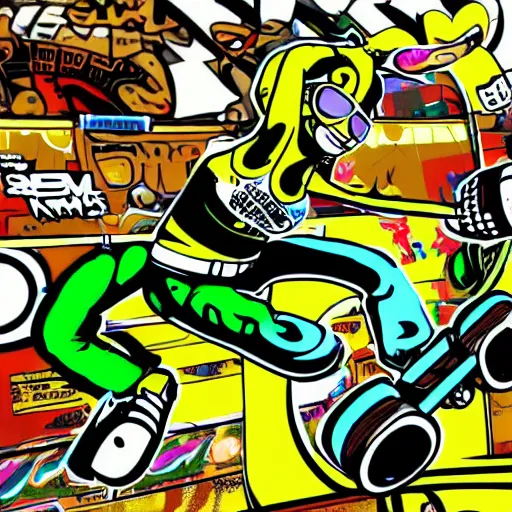 Prompt: jet set radio, jet grind radio, speakers, music, dj, grinding, digital art