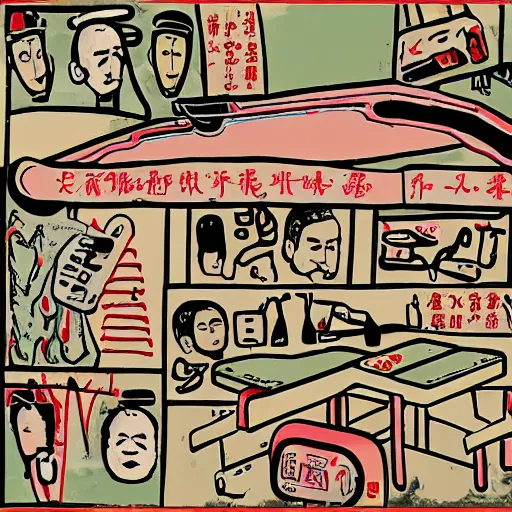 Prompt: chinese surgery operating table, in the style of daniel johnston and outsider art art brut, 8k, line brush, minimal, hard lines, overlaid with traditional chinese adverts