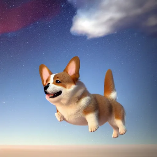 Prompt: realistic 3 d render of a happy and cute corgi puppy floating in space
