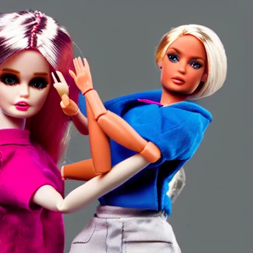 Image similar to violent Barbie doll beating up beta Ken doll, sharp focus, highly detailed