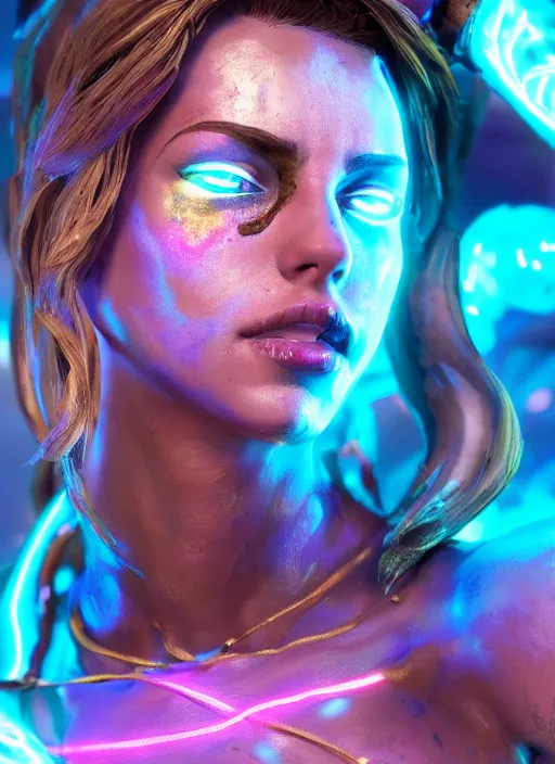 Image similar to glowwave portrait of a beautiful muscular girl's body, borderlands 3, au naturel, hyper detailed, digital art, trending in artstation, cinematic lighting, studio quality, smooth render, unreal engine 5 rendered, octane rendered, art style by klimt and nixeu and ian sprigger and wlop and krenz cushart.