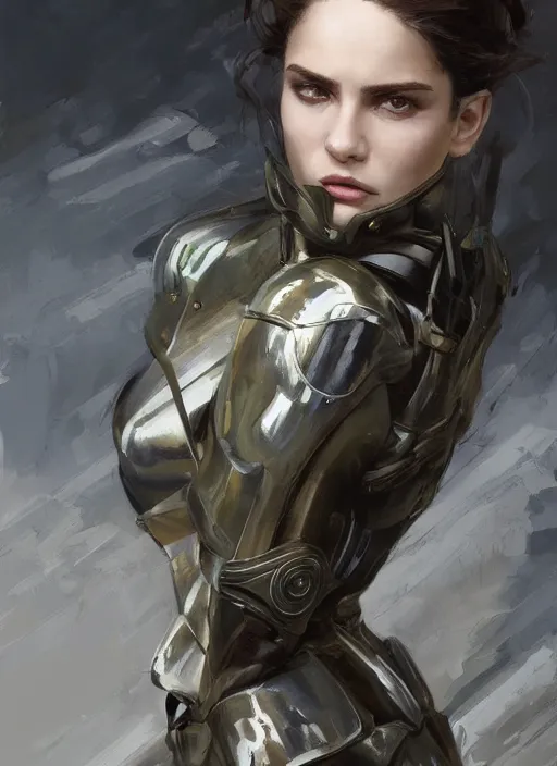 Image similar to a professional painting of a beautiful young female, clothed in military armor, olive skin, long dark hair, beautiful bone structure, symmetrical facial features, intricate, elegant, digital painting, concept art, smooth, sharp focus, illustration, from Metal Gear, by Ruan Jia and Mandy Jurgens and Artgerm and William-Adolphe Bouguerea