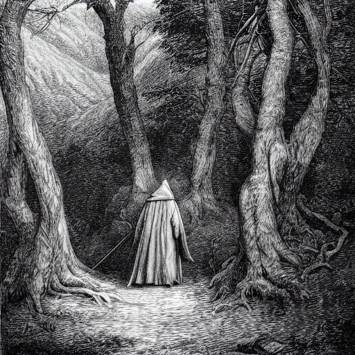 Prompt: Gandalf the grey wandering through Fanal Forest, engraving by gustave dore.