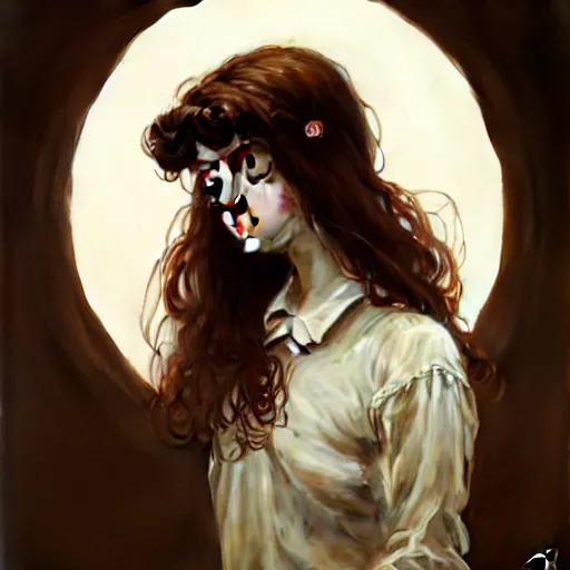 Image similar to portrait of a welsh teenage girl with brown hair, glowing skin, delicate features, amelie poulain, fantasy, intricate, elegant, dress shirt, highly detailed, digital painting, artstation, concept art, smooth, sharp focus, illustration, art by Krenz Cushart and Artem Demura and alphonse mucha