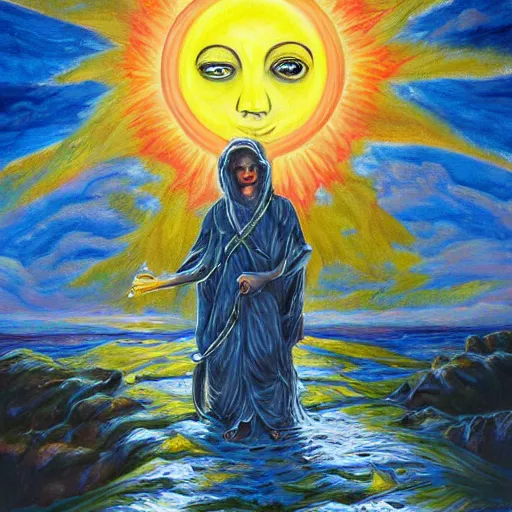 Image similar to the cult of the sun oil painting