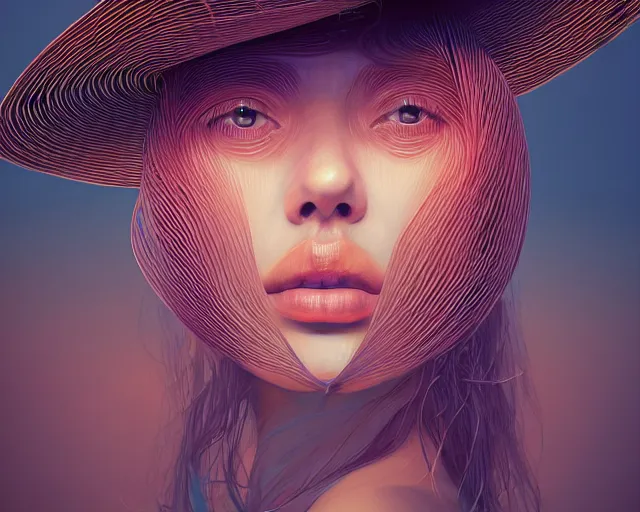 Image similar to portrait of mystic lips hidden under wide - brim hat, intricate abstract. intricate artwork, by tooth wu, wlop, beeple, dan mumford. concept art, octane render, trending on artstation, greg rutkowski very coherent symmetrical artwork. cinematic, key art, hyper realism, high detail, octane render, 8 k, iridescent accents