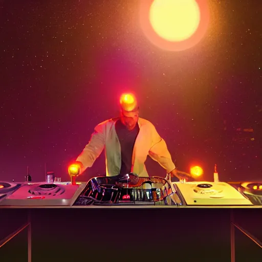 Image similar to A man djing at night under the stars, beautiful, digital art, artstation, hyperrealistic, 8k, unreal engine, octane render, trending on artstation, art by Artgerm and Greg Rutkowski and Alphonse Mucha and Beeple