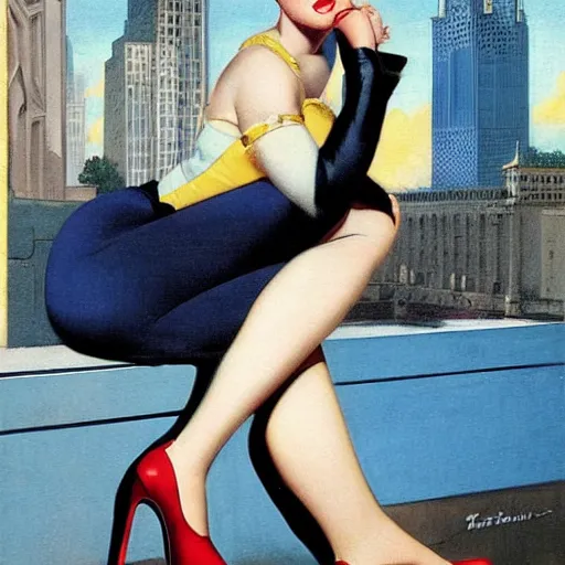 Image similar to man, city, street, kitten heel, buildings, by gil elvgren, olivia