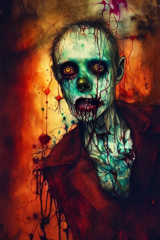 Prompt: autochrome of a rotting zombie cop by agnes cecile, brian froud, intricated details, 3 / 4 view, full body portrait, extremely luminous bright design, horror, pastel colours, toxic drips, autumn lights
