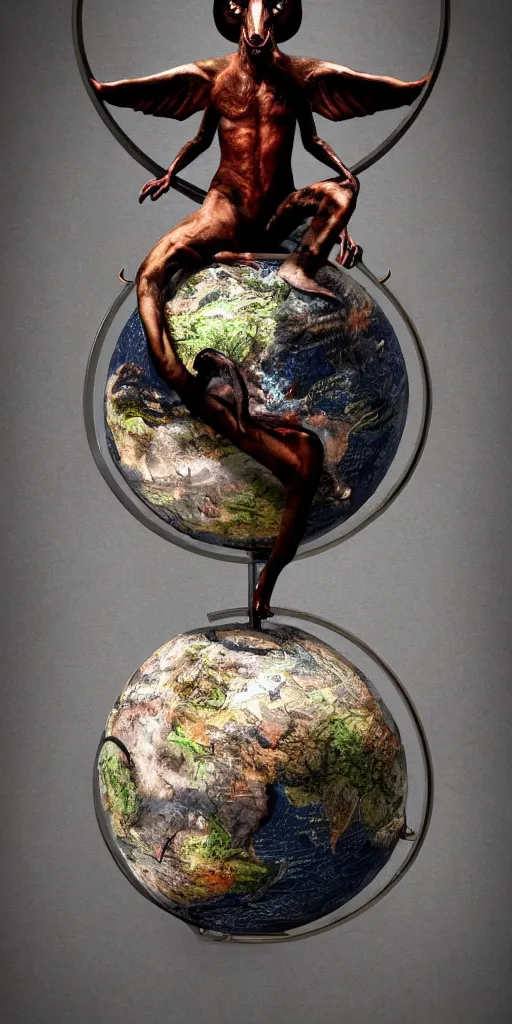 Image similar to a photorealistic render of baphomet sitting on a bloody earth globe, highly detailed, artstation, trending,