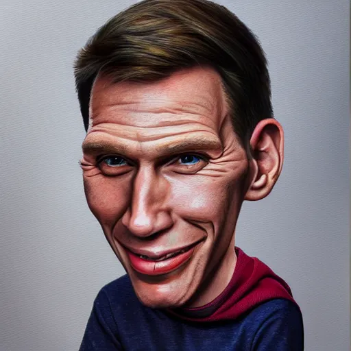 Image similar to Caricature portraits done of Jerma, realistic, hyperrealistic, very realistic, highly detailed, very detailed, extremely detailed, detailed, oil painting, digital art, trending on artstation