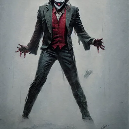 Image similar to jason momoa as joker, full body, dynamic pose, painted by greg rutkowski