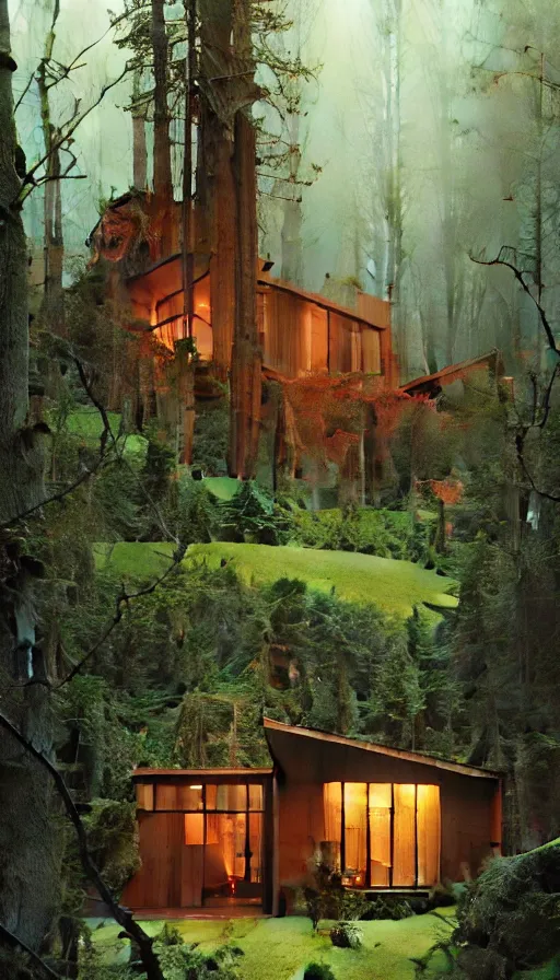 Image similar to cozy ultra modern home in the woods moody lighting, highly detailed, painting by zdzisław beksinski and norman rockwell and greg rutkowskiweta studio, and lucasfilm