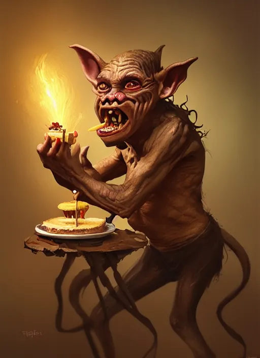 Image similar to portrait of a medieval goblin eating cakes, beautiful face, hyper realistic, highly detailed, digital painting, artstation, illustration, concept art by hyung tae and frank frazetta, digital paint, matte paint, washed colors, dark, gloomy