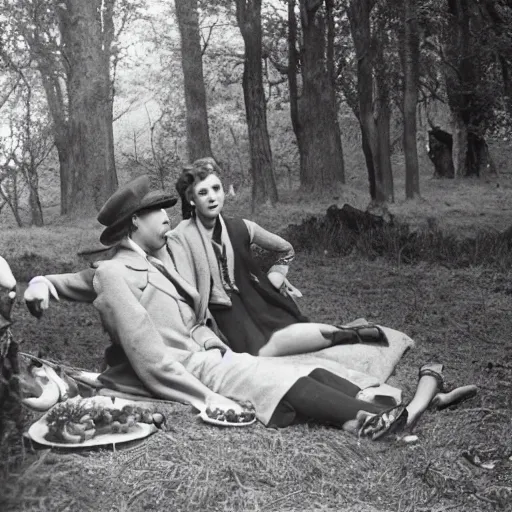 Prompt: by john reuss, by bert hardy brash, artificial. a computer art of a young woman & a well - dressed man enjoying a picnic lunch on a grassy knoll. the man is shown seated facing the woman, & he is looking directly at her. both figures are surrounded by a dense forest.