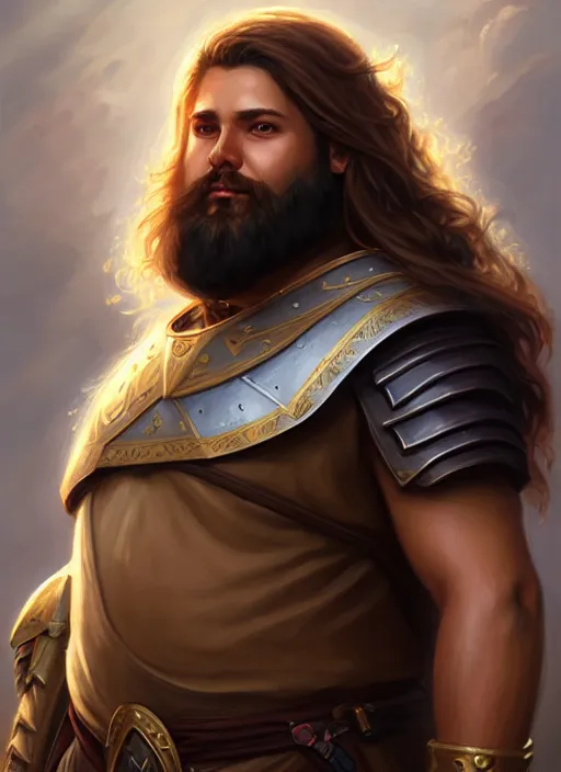 Image similar to a _ fantasy _ style _ portrait _ painting _ of light brown male paladin with long wavy brown hair chubby and beard, rpg dnd oil _ painting _ unreal _ 5 _ daz. _ rpg _ portrait _ extremely _ detailed _ artgerm _ greg _ rutkowski _ greg