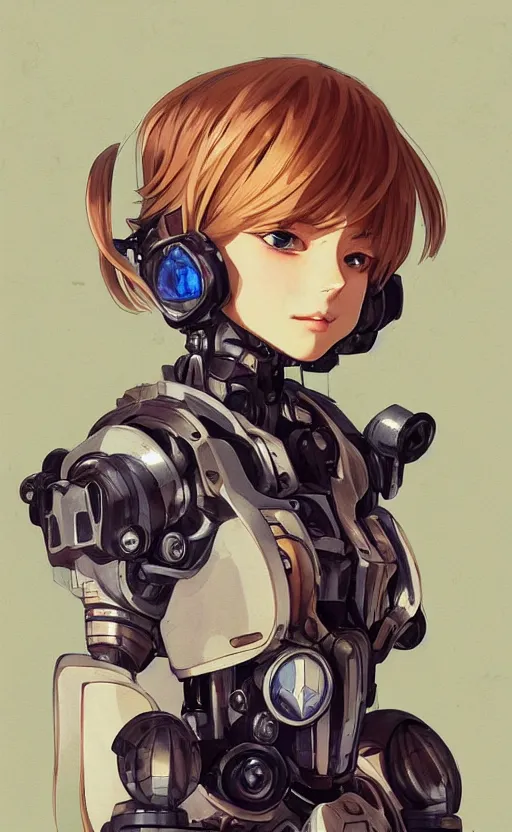 Image similar to a girl, fused mecha parts, vintage clothing, anime style, short hair, hair down, symmetrical facial features, from arknights, hyper realistic, 4 k, rule of thirds, extreme detail, detailed drawing, trending artstation, hd, d & d, realistic lighting, by alphonse mucha, greg rutkowski, sharp focus, backlit