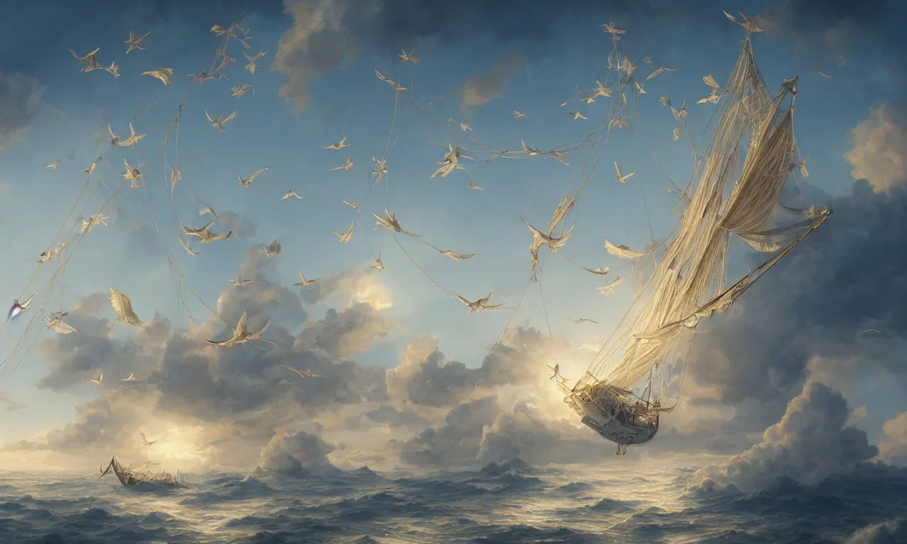 Image similar to a beautiful digital painting of a white caravel flying in the clouds, birds in the sunlight, numerous golden ropes and intricated sails, blue sky at sunset, elegant, highly detailed, artstation, concept art, matte, sharp focus, art by tom bagshaw, kelogsloops and greg rutkowski
