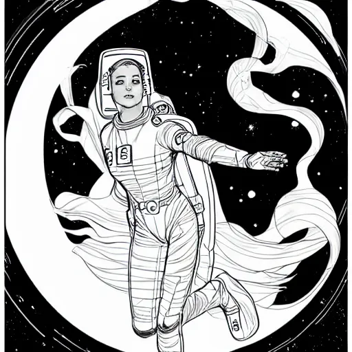 Prompt: clean simple line art of a woman floating in space. she is an astronaut, she is wearing a space suit. no background. well composed, clean coloring book page, beautiful detailed face. coloring book line art by greg rutkowski and steve ditko and alphonse mucha