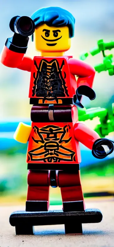 Prompt: kung - fu guy heaving breakfast on a skateboard made in lego