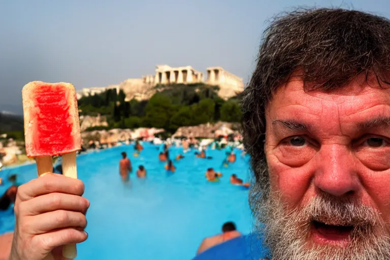 Image similar to A Martin Parr closeup portrait of Socrates eating a hemlock popsicle at the last pool party he will ever attend, a large cloud of fire engulfs him, the acropolis can be seen in the background, in the style of Martin Parr The Last Resort, ring flash closeup photograph