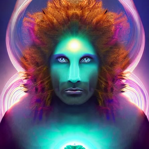 Prompt: the chakras awakened, a god, god, ecstatic, infinite power, manic, perfect eyes, full body shot, magical being, magic, portrait, noble, transformation, vivid colors, elegant, concept art, sharp focus, digital art, Hyper-realistic, 4K, Unreal Engine, Highly Detailed, HD, Dramatic Lighting by Brom, trending on Artstation