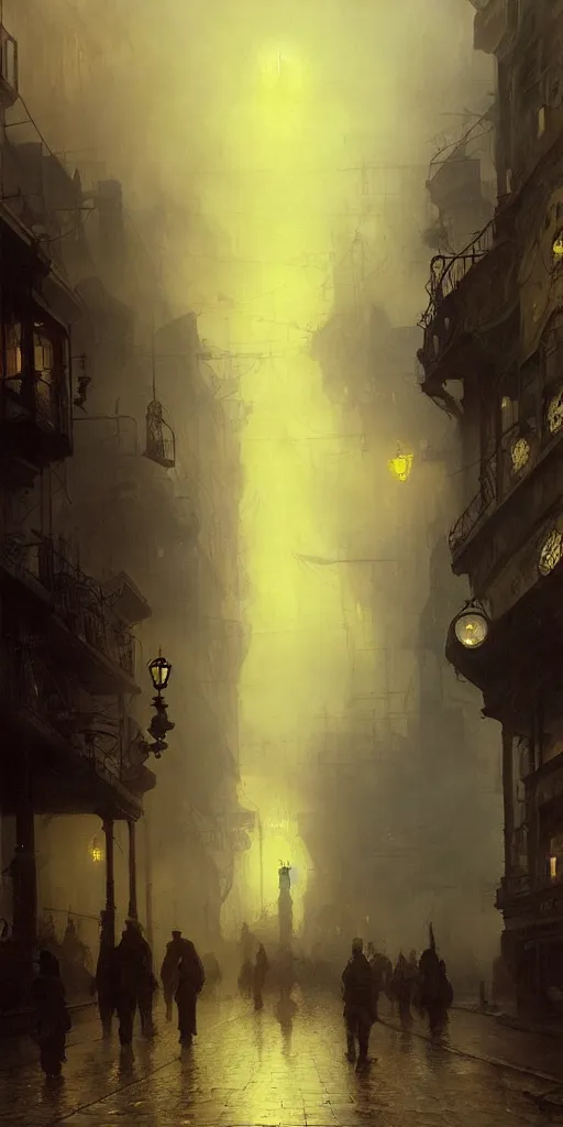 Image similar to a street of a city in 1 9 4 0 with yellow light on from the windows during the night, a men stand up under a light, steam punk, mystical red fog, oil on canvas, art by andreas achenbach, clemens ascher, tom bagshaw and sabbas apterus,