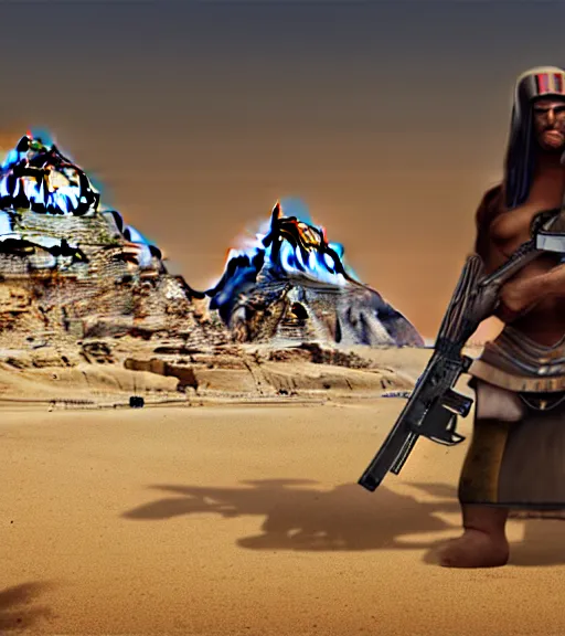 Prompt: a beefy man with a machine gun, egyptian pyramid in the background, 4 k, sharp focus, illustration, highly detailed, cyberpunk