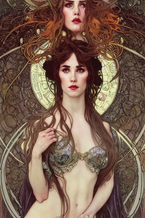 Prompt: realistic detailed face portrait of Jennifer Connelly as a fairytale Goblin Queen by Alphonse Mucha, Ayami Kojima, Amano, Charlie Bowater, Karol Bak, Greg Hildebrandt, Jean Delville, and Mark Brooks, Art Nouveau, Neo-Gothic, gothic, rich deep moody colors